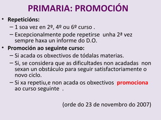 PRIMARIA: PROMOCI?N
? Repeticins:
   C 1 soa vez en 2?, 4? ou 6? curso .
   C Excepcionalmente pode repetirse unha 2? vez
     sempre haxa un informe do D.O.
? Promocin ao seguinte curso:
   C Si acada os obxectivos de tdalas materias.
   C Si, se considera que as dificultades non acadadas non
     sexan un obstculo para seguir satisfactoriamente o
     novo ciclo.
   C Si xa repetiu,e non acada os obxectivos promociona
     ao curso seguinte .

                       (orde do 23 de novembro do 2007)
 