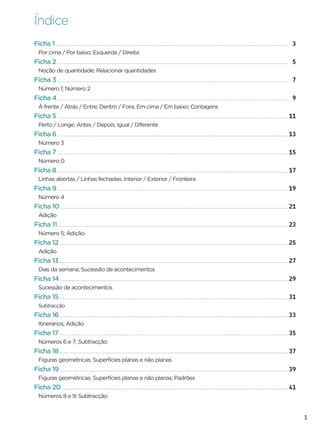 Índice
Ficha 1                                                                    3
 Por cima / Por baixo; Esquerda / Direita
Ficha 2                                                                    5
 Noção de quantidade; Relacionar quantidades
Ficha 3                                                                    7
 Número 1; Número 2
Ficha 4                                                                    9
 À frente / Atrás / Entre; Dentro / Fora; Em cima / Em baixo; Contagens
Ficha 5                                                                   11
 Perto / Longe; Antes / Depois; Igual / Diferente
Ficha 6                                                                   13
 Número 3
Ficha 7                                                                   15
 Número 0
Ficha 8                                                                   17
 Linhas abertas / Linhas fechadas; Interior / Exterior / Fronteira
Ficha 9                                                                   19
 Número 4
Ficha 10                                                                  21
 Adição
Ficha 11                                                                  23
 Número 5; Adição
Ficha 12                                                                  25
 Adição
Ficha 13                                                                  27
 Dias da semana; Sucessão de acontecimentos
Ficha 14                                                                  29
 Sucessão de acontecimentos
Ficha 15                                                                  31
 Subtracção
Ficha 16                                                                  33
 Itinerários; Adição
Ficha 17                                                                  35
 Números 6 e 7; Subtracção
Ficha 18                                                                  37
 Figuras geométricas; Superfícies planas e não planas
Ficha 19                                                                  39
 Figuras geométricas; Superfícies planas e não planas; Padrões
Ficha 20                                                                  41
 Números 8 e 9; Subtracção


                                                                               1
 