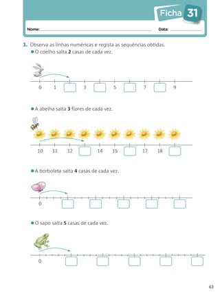 Ficha       31
 Nome:                                                      Data:


1. Observa as linhas numéricas e regista as sequências obtidas.
   •O coelho salta 2 casas de cada vez.


       0     1            3                5         7              9



   •A abelha salta 3 flores de cada vez.



      10    11     12            14     15     15   17     18



   •A borboleta salta 4 casas de cada vez.


       0



   •O sapo salta 5 casas de cada vez.


      0




                                                                             63
 