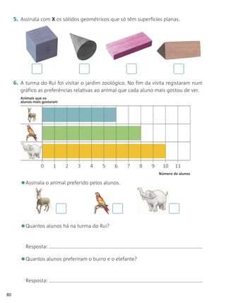 5. Assinala com X os sólidos geométricos que só têm superfícies planas.




     6. A turma do Rui foi visitar o jardim zoológico. No fim da visita registaram num
        gráfico as preferências relativas ao animal que cada aluno mais gostou de ver.
        Animais que os
        alunos mais gostaram




                  0      1     2   3   4   5     6    7    8     9    10     11
                                                                     Número de alunos


        •Assinala o animal preferido pelos alunos.



        •Quantos alunos há na turma do Rui?
          Resposta:

        •Quantos alunos preferiram o burro e o elefante?
          Resposta:

80
 