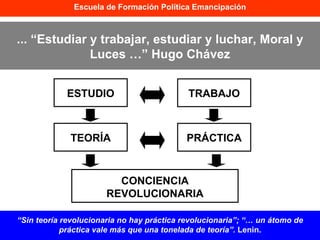 Escuela de Formación Política Emancipación ... “Estudiar y trabajar, estudiar y luchar, Moral y Luces …” Hugo Chávez TEORÍA PRÁCTICA CONCIENCIA REVOLUCIONARIA ESTUDIO TRABAJO “ Sin teoría revolucionaria no hay práctica revolucionaria”; “… un átomo de práctica vale más que una tonelada de teoría”.  Lenin. 