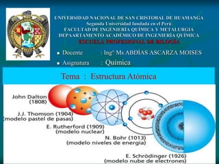 UNIVERSIDAD NACIONAL DE SAN CRISTOBAL DE HUAMANGA
Segunda Universidad fundada en el Perú
FACULTAD DE INGENIERÍA QUÍMICA Y METALURGIA
DEPAARTAMENTO ACADÉMICO DE INGENIERÍA QUÍMICA
ESCUELA PROFESIONAL DE BILOGÍA
 Docente : Ing° Ms ABDÍAS ASCARZA MOISES
 Asignatura : Química
Tema : Estructura Atómica
 