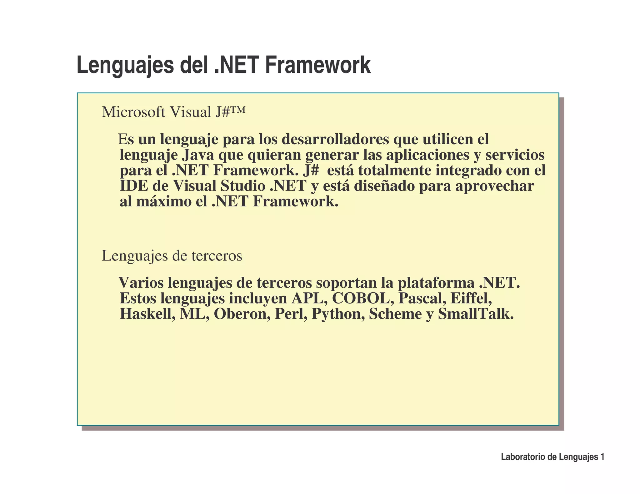 Lenguajes del .NET Framework
  Microsoft Visual J#™
    Es un lenguaje para los desarrolladores que utilicen el
    lenguaje Java que quieran generar las aplicaciones y servicios
    para el .NET Framework. J# está totalmente integrado con el
    IDE de Visual Studio .NET y está diseñado para aprovechar
    al máximo el .NET Framework.


  Lenguajes de terceros
    Varios lenguajes de terceros soportan la plataforma .NET.
    Estos lenguajes incluyen APL, COBOL, Pascal, Eiffel,
    Haskell, ML, Oberon, Perl, Python, Scheme y SmallTalk.




                                                           Laboratorio de Lenguajes 1
 