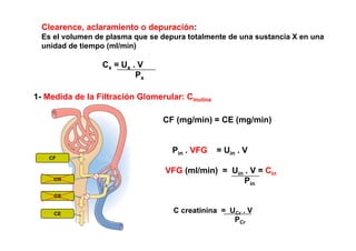 Clearence, aclaramiento o depuración: 
Es el volumen de plasma que se depura totalmente de una sustancia X en una 
unidad de tiempo (ml/min) 
Cx = Ux . V 
Px 
1- Medida de la Filtración C 
Glomerular: Cinulina 
CF (mg/min) = CE (mg/min) 
Pin . VFG = Uin . V 
VFG (ml/min) = Uin . V = Cin 
Pin 
CF 
CR CS 
CE C creatinina = UCr . V 
PCr 
 