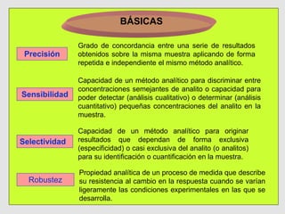Sensibilidad
Precisión
Selectividad
BÁSICAS
Grado de concordancia entre una serie de resultados
obtenidos sobre la misma muestra aplicando de forma
repetida e independiente el mismo método analítico.
Capacidad de un método analítico para discriminar entre
concentraciones semejantes de analito o capacidad para
poder detectar (análisis cualitativo) o determinar (análisis
cuantitativo) pequeñas concentraciones del analito en la
muestra.
Capacidad de un método analítico para originar
resultados que dependan de forma exclusiva
(especificidad) o casi exclusiva del analito (o analitos)
para su identificación o cuantificación en la muestra.
Robustez
Propiedad analítica de un proceso de medida que describe
su resistencia al cambio en la respuesta cuando se varían
ligeramente las condiciones experimentales en las que se
desarrolla.
 