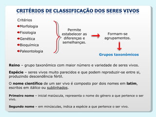 Critérios Morfologia Fisiologia Genética Bioquímica Paleontologia Permite estabelecer as diferenças e semelhanças. Formam-se agrupamentos. Grupos taxonómicos Reino  – grupo taxonómico com maior número e variedade de seres vivos. Espécie  – seres vivos muito parecidos e que podem reproduzir-se entre si, produzindo descendência fértil. O  nome científico  de um ser vivo é composto por dois nomes em  latim , escritos em  itálico  ou  sublinhados . Primeiro nome  – inicial maiúscula, representa o nome do género a que pertence o ser vivo. Segundo nome  – em minúsculas, indica a espécie a que pertence o ser vivo. 