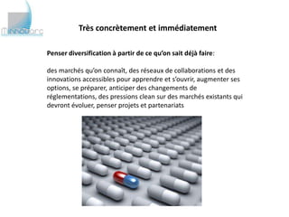 Très concrètement et immédiatement

Penser diversification à partir de ce qu’on sait déjà faire:

des marchés qu’on connaît, des réseaux de collaborations et des
innovations accessibles pour apprendre et s’ouvrir, augmenter ses
options, se préparer, anticiper des changements de réglementations,
des pressions clean sur des marchés existants qui devront évoluer,
penser projets et partenariats
 