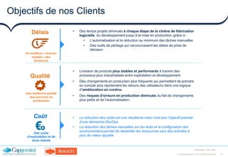18Copyright ©Capgemini 2016. All Rights Reserved
Presentation Title | Date
Objectifs de nos Clients
Coût
Délais
Qualité
Un meilleur « time-to-
market » des
livraisons
Une meilleure qualité
des services en
production
Des coûts
d’exploitation et de
tests réduits
• La réduction des coûts est une résultante mais n’est pas l’objectif premier
d’une démarche DevOps
• La réduction des tâches manuelles sur les tests et la configuration des
environnement permet de réorienter les ressources vers des activités à
plus de valeur ajoutée
• Livraison de produits plus stables et performants à travers des
processus plus industrialisés entre exploitation et développement
• Des changements en production plus fréquents qui permettent de prendre
en compte plus rapidement les retours des utilisateurs dans une logique
d’amélioration en continu
• Des risques d’erreurs en production diminués du fait de changements
plus petits et de l’automatisation
• Des temps projets diminués à chaque étape de la chaîne de fabrication
logicielle, du développement jusqu’à la mise en production, grâce à :
• L’automatisation et la réduction au minimum des tâches manuelles
• Des outils de pilotage qui raccourcissent les délais de prise de
décision
 
