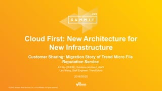 © 2016, Amazon Web Services, Inc. or its Affiliates. All rights reserved.
KJ Wu (吳貴融), Solutions Architect, AWS
Leo Wang, Staff Engineer, Trend Micro
2016/05/20
Cloud First: New Architecture for
New Infrastructure
Customer Sharing: Migration Story of Trend Micro File
Reputation Service
 