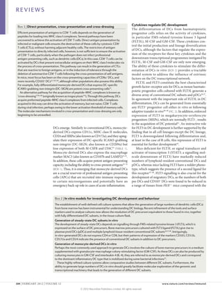 REVIEWS

 Box 1 | Direct presentation, cross-presentation and cross-dressing
                                                                                                     Cytokines regulate DC development
                                                                                                     The differentiation of DCs from haematopoietic
 Efficient presentation of antigens to CD8+ T cells depends on the generation of                     progenitor cells relies on the activity of cytokines,
 peptides for loading into MHC class I complexes. Several pathways have been                         in particular FMS-related tyrosine kinase 3 ligand
 uncovered to achieve this activation of CD8+ T cells. Direct antigen presentation by                (FLT3L), M‑CSF and GM‑CSF. These cytokines con-
 infected or malignant cells ensures the destruction of these cells by cytotoxic CD8+
                                                                                                     trol the initial production and lineage diversification
 T cells (CTLs), without harming adjacent healthy cells. The restriction of antigen
 presentation to directly infected cells, however, is not sufficient to ensure the activation
                                                                                                     of DCs, although the factors that regulate the expres-
 of CD8+ T cells, particularly when the pathogen does not infect professional                        sion of the receptors for these key cytokines and the
 antigen-presenting cells, such as dendritic cells (DCs). In this case, CD8+ T cells can be          downstream transcriptional programmes instigated by
 activated by DCs that present extracellular antigens on their MHC class I molecules via             FLT3L, M‑CSF and GM‑CSF are only now emerging.
 the process of cross-presentation. This pathway can result in the generation of CTLs                The ability of these cytokines to stimulate the differ-
 that are reactive to foreign antigens, or in the induction of tolerance through the                 entiation of DCs in vitro (BOX 2) provides a tractable
 deletion of autoreactive CD8+ T cells following the cross-presentation of self antigens.            model system to address the influence of extrinsic
 In mice, most focus has been on the cross-presenting capacities of CD8α+ DCs, and                   factors on the DC transcriptional network.
 more recently CD103+ DCs6,7,10,138, although other populations also possess this ability.               FLT3L and FLT3 constitute the best-characterized
 For example, fully differentiated monocyte-derived DCs that express DC-specific
                                                                                                     growth factor–receptor axis for DCs, as mouse haemato­
 ICAM3‑grabbing non-integrin (DC‑SIGN) are potent cross-presenting cells33.
   An alternative pathway for the acquisition of peptide–MHC complexes is known as
                                                                                                     poietic progenitor cells cultured with FLT3L generate a
 ‘cross-dressing’139,140 (originally known as trogocytosis141). Through this pathway, DCs            diverse array of conventional DC subsets and pDCs36,37.
 acquire preformed peptide–MHC class I complexes from infected cells. Complexes                      In agreement with the important role of FLT3L in DC
 acquired in this way can drive the activation of memory, but not naive, CD8+ T cells                differentiation, DCs can be generated from essentially
 during viral infection, perhaps owing to the lower activation threshold of memory cells.            any FLT3+ progenitor cell either in vitro or following
 The molecular mechanisms involved in cross-presentation and cross-dressing are only                 adoptive transfer in vivo38–40 (FIG. 2). In addition, enforced
 beginning to be unravelled.                                                                         expression of FLT3 in megakaryocyte–erythrocyte
                                                                                                     progenitors (MEPs), which are normally FLT3–, results
                                                                                                     in the acquisition of DC potential41. An instructive role
                               DCs emerge. Similarly to conventional DCs, monocyte-                  for FLT3 in DC development is further supported by the
                               derived DCs express CD11c, MHC class II molecules,                    finding that in all cell lineages except the DC lineage,
                               CD24 and SIRPα (also known as CD172a), and they upreg-                FLT3 is downregulated following differentiation and,
                               ulate their expression of DC-specific ICAM3‑grabbing                  at least in the case of B cells, this repression of FLT3 is
                               non-integrin (DC‑SIGN; also known as CD209a) but                      essential for further development 42.
                               lose expression of both M‑CSFR and LY6C33 (TABLE 1).                      Mice deficient for FLT3L or signal transducer and
                               Monocyte-derived DCs also express the macrophage                      activator of transcription 3 (STAT3; a signalling mol-
                               marker MAC3 (also known as CD107b and LAMP2)21,32.                    ecule downstream of FLT3) have markedly reduced
                               In addition, these cells acquire potent antigen-presenting            numbers of lymphoid-resident conventional DCs and
                               capacity, including the ability to cross-present antigens33–35        pDCs, whereas mice lacking FLT3 have a milder pheno-
                               (BOX 1). Thus, it is emerging that monocyte-derived DCs               type, which suggests the presence of a second ligand for
                               are a crucial reservoir of professional antigen-presenting            this receptor 43–46. FLT3 signalling is also crucial for the
                               cells (APCs) that are recruited into immune responses                 development of migratory DCs, as the numbers of both
                               to certain microorganisms and potentially have an                     pre-DCs and CD103+ DCs were found to be reduced in
                               emergency back-up role in cases of acute inflammation.                a range of tissues from Flt3l–/– mice compared with the


                                Box 2 | In vitro models for investigating DC development and behaviour
                                The establishment of well-defined cell culture systems that allow the generation of large numbers of dendritic cells (DCs)
                                from bone marrow has been instrumental for understanding DC biology. Recent refinement of the tools and surface
                                markers used to analyse cultures now allows the resolution of DC precursors equivalent to those found in vivo, together
                                with fully differentiated DC subsets, in the tissue culture flask.
                                Generation of steady-state DC subsets in vitro
                                The development of steady-state DCs depends on signalling through FMS-related tyrosine kinase 3 (FLT3), which is
                                expressed on the surface of DC precursors. Bone marrow precursors cultured with FLT3 ligand (FLT3L) give rise to
                                plasmacytoid DCs (pDCs) and multiple lymphoid tissue-resident conventional DC subsets36,37,89. Intriguingly,
                                in vitro-generated DCs do not express CD4 or CD8, but their patterns of expression of the markers CD103, CD11b,
                                CD172a and CD24 indicate the presence of conventional DC subsets in addition to DC precursors.
                                Generation of monocyte-derived DCs in vitro
                                Perhaps the most commonly used approach to generate DCs involves the culture of bone marrow precursors in a medium
                                supplemented with granulocyte–macrophage colony-stimulating factor (GM-CSF). As these DCs can also be produced by
                                culturing monocytes in GM‑CSF and interleukin‑4 (IL‑4), they are referred to as monocyte-derived DCs and correspond
                                to the dominant inflammatory DC type that is mobilized during some bacterial infections33.
                                  These highly refined culture systems allow comparative studies between different DC subsets. Furthermore, the 	
                                ability to generate large numbers of DCs in vitro should greatly facilitate molecular exploration of the genomic and
                                transcriptional machinery that leads to the generation of different DC subsets.



104 | FEBRUARY 2012 | VOLUME 12	                                                                                              www.nature.com/reviews/immunol

                                                      © 2012 Macmillan Publishers Limited. All rights reserved
 