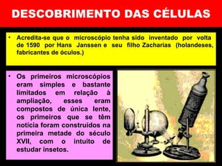DESCOBRIMENTO DAS CÉLULAS
• Acredita-se que o microscópio tenha sido inventado por volta
de 1590 por Hans Janssen e seu filho Zacharias (holandeses,
fabricantes de óculos.)
• Os primeiros microscópios
eram simples e bastante
limitados em relação à
ampliação, esses eram
compostos de única lente,
os primeiros que se têm
notícia foram construídos na
primeira metade do século
XVII, com o intuito de
estudar insetos.
 