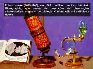 Robert Hooke (1635-1703), em 1665 publicou um livro intitulado
Micrographia, que consta de descrições de observações
microscópicas originais de biologia. O termo célula é atribuído a
Hooke.
 