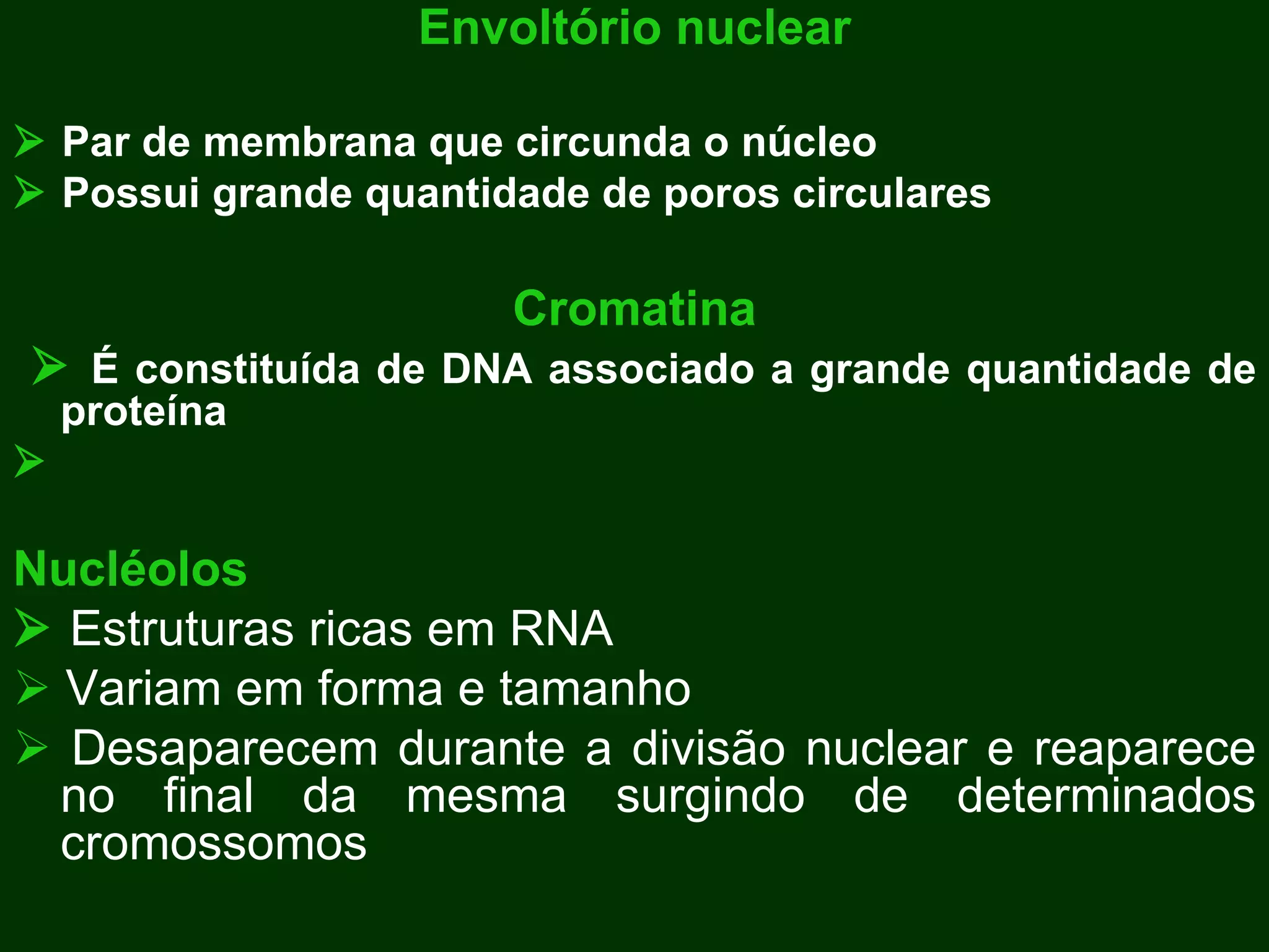 Envoltório nuclear    Par de membrana que circunda o núcleo    Possui grande quantidade de poros circulares Cromatina    É constituída de DNA associado a grande quantidade de proteína  Nucléolos    Estruturas ricas em RNA    Variam em forma e tamanho    Desaparecem durante a divisão nuclear e reaparece no final da mesma surgindo de determinados cromossomos 