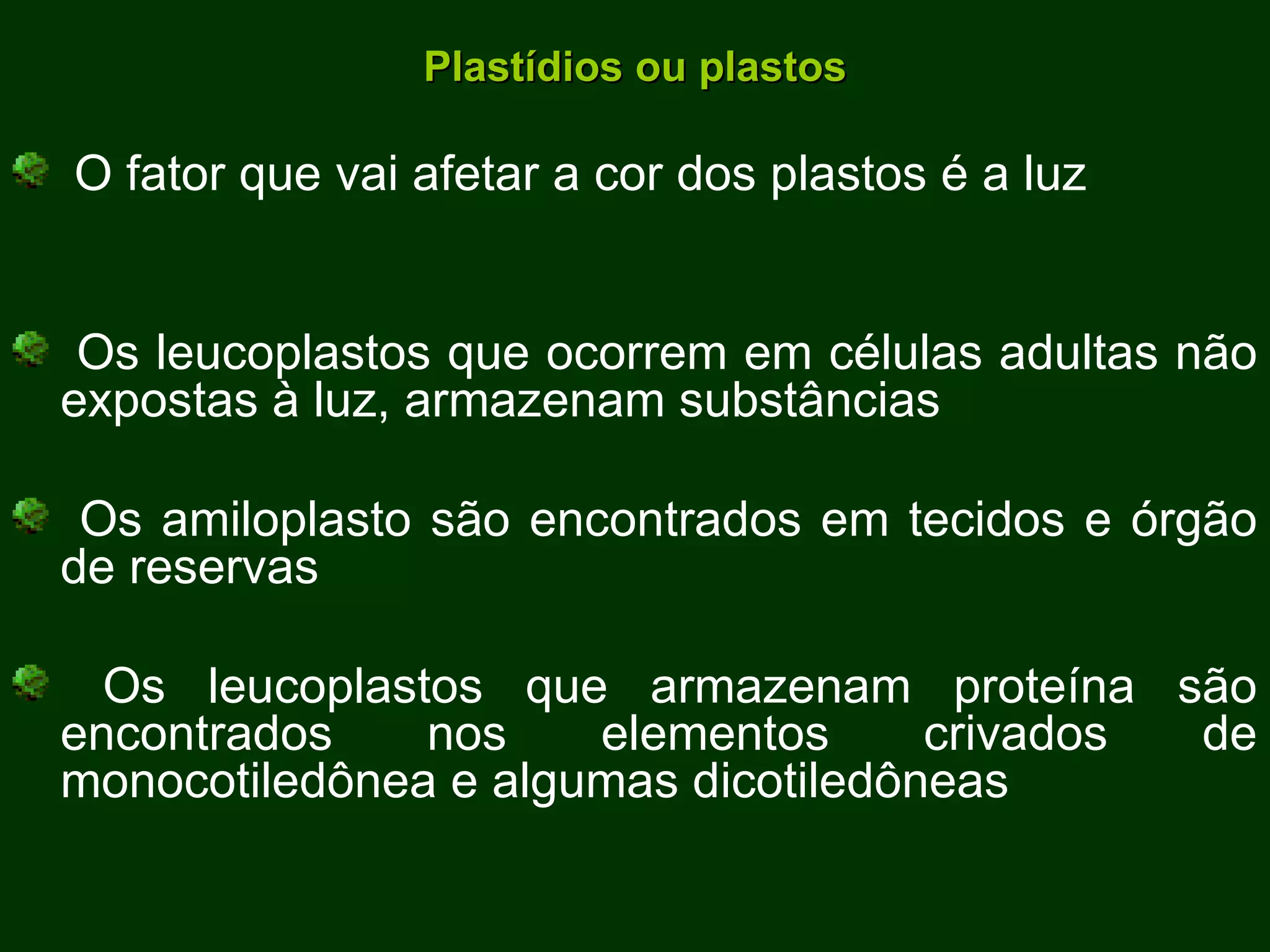 Plastídios ou plastos O fator que vai afetar a cor dos plastos é a luz Os leucoplastos que ocorrem em células adultas não expostas à luz, armazenam substâncias Os amiloplasto são encontrados em tecidos e órgão de reservas Os leucoplastos que armazenam proteína são encontrados nos elementos crivados de monocotiledônea e algumas dicotiledôneas 