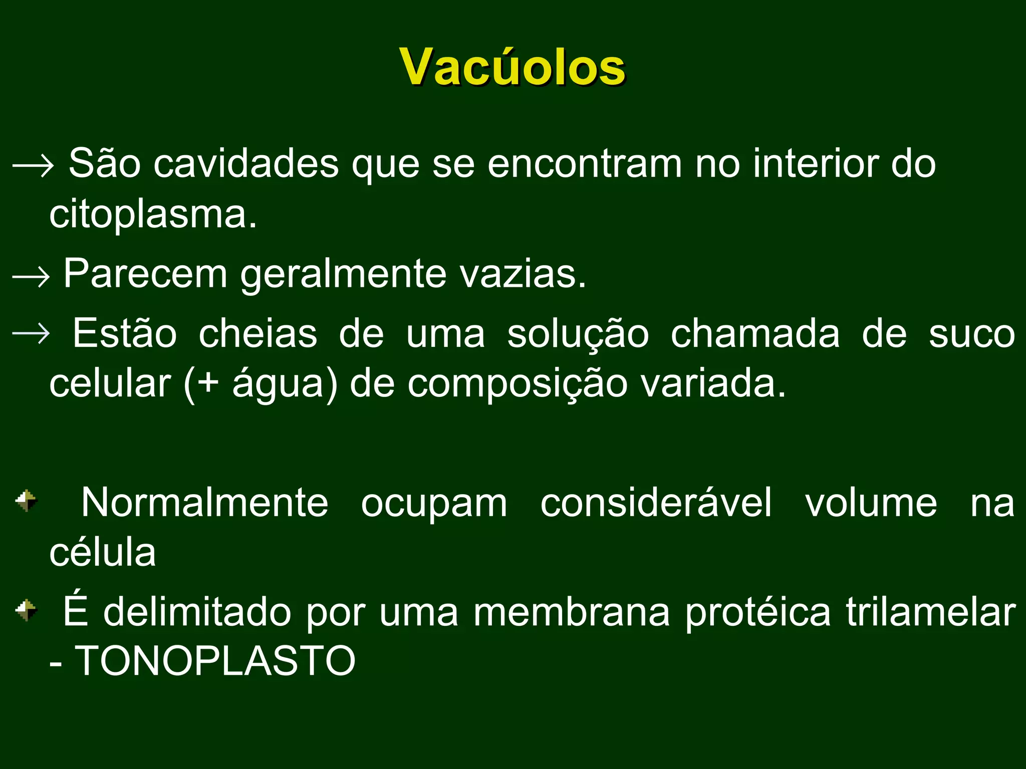 Vacúolos    São cavidades que se encontram no interior do citoplasma.    Parecem geralmente vazias. Estão cheias de uma solução chamada de suco celular (+ água) de composição variada. Normalmente ocupam considerável volume na célula É delimitado por uma membrana protéica trilamelar - TONOPLASTO  