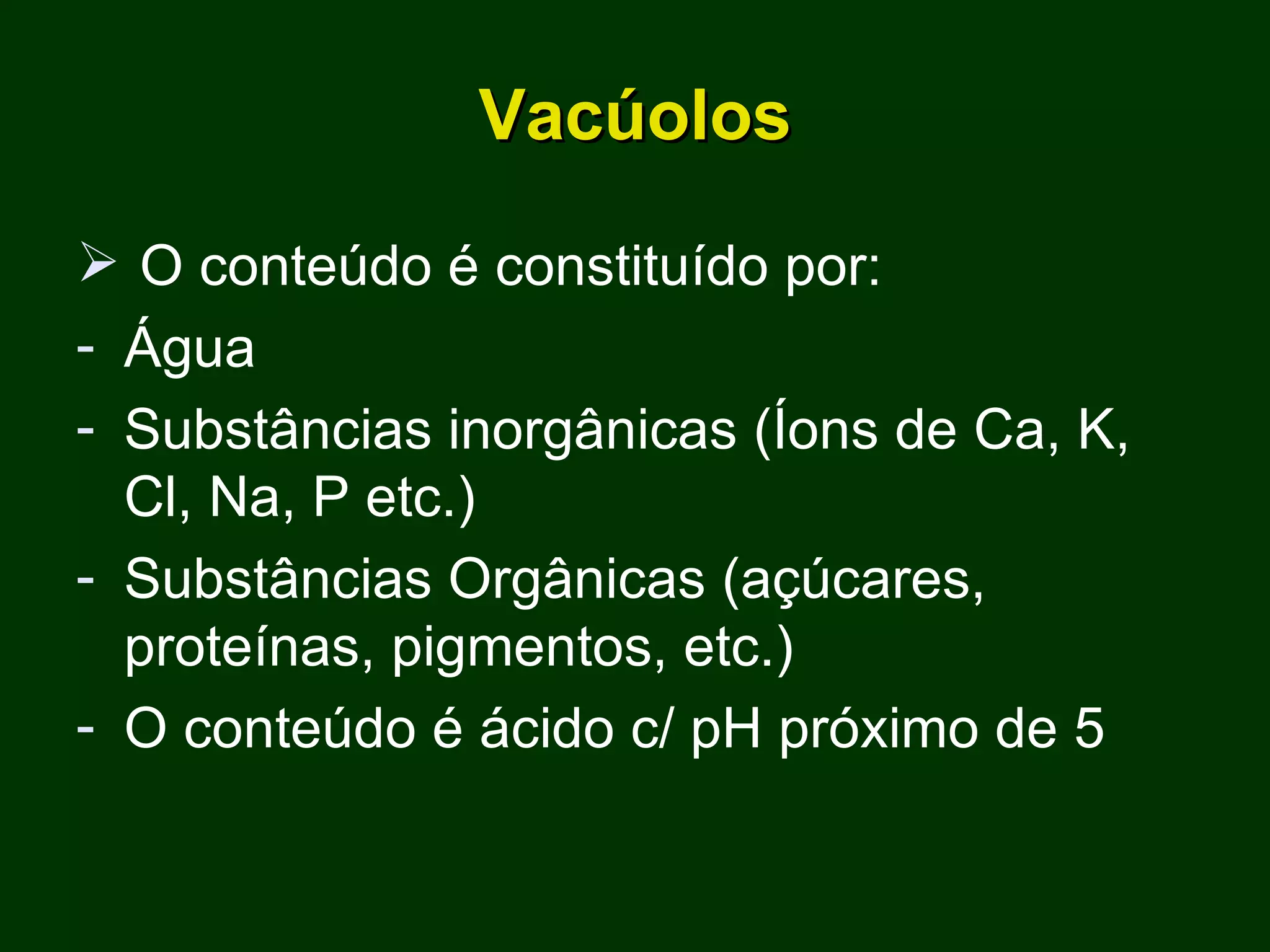 Vacúolos O conteúdo é constituído por: Água Substâncias inorgânicas (Íons de Ca, K, Cl, Na, P etc.) Substâncias Orgânicas (açúcares, proteínas, pigmentos, etc.) O conteúdo é ácido c/ pH próximo de 5 