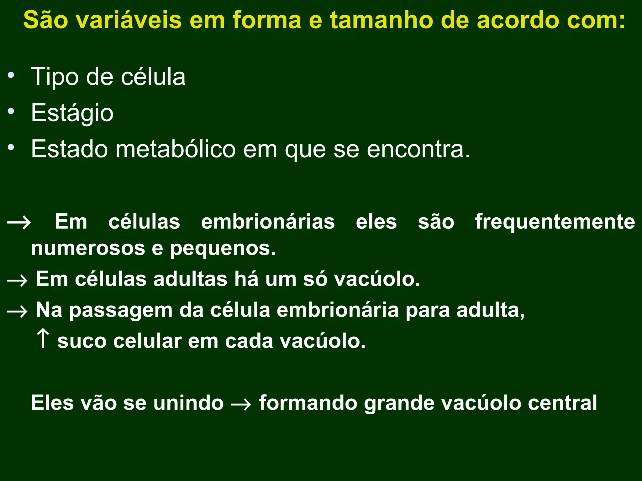 São variáveis em forma e tamanho de acordo com: Tipo de célula Estágio Estado metabólico em que se encontra.    Em células embrionárias eles são frequentemente numerosos e pequenos.    Em células adultas há um só vacúolo.    Na passagem da célula embrionária para adulta,    suco celular em cada vacúolo. Eles vão se unindo    formando grande vacúolo central 