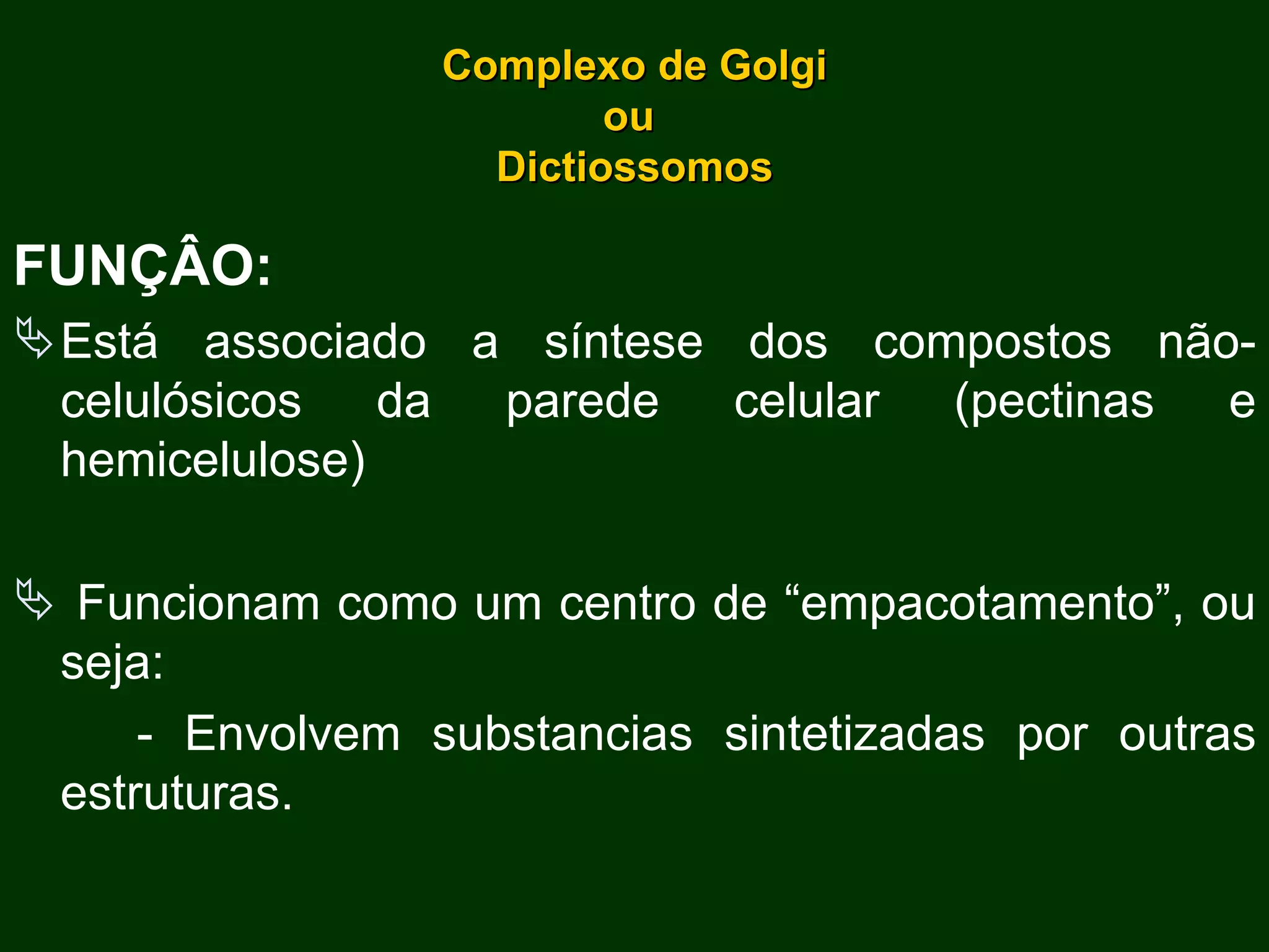 Complexo de Golgi ou  Dictiossomos FUNÇÂO: Está associado a síntese dos compostos não-celulósicos da parede celular (pectinas e hemicelulose) Funcionam como um centro de “empacotamento”, ou seja: - Envolvem substancias sintetizadas por outras estruturas.  