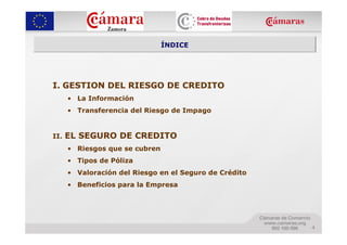 ÍNDICE




I. GESTION DEL RIESGO DE CREDITO
      • La Información
      • Transferencia del Riesgo de Impago


II.   EL SEGURO DE CREDITO
      • Riesgos que se cubren
      • Tipos de Póliza
      • Valoración del Riesgo en el Seguro de Crédito
      • Beneficios para la Empresa




                                                        4
 
