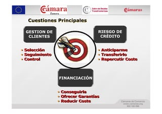 Cuestiones Principales

  GESTION DE                      RIESGO DE
   CLIENTES                        CRÉDITO


• Selección
• Selección                       • Anticiparme
                                  • Anticiparme
• Seguimiento
• Seguimiento                     • Transferirlo
                                  • Transferirlo
• Control
• Control                         • Repercutir Coste
                                  • Repercutir Coste



                FINANCIACIÓN


                • Conseguirla
                • Conseguirla
                • Ofrecer Garantías
                • Ofrecer Garantías
                • Reducir Coste
                • Reducir Coste
 