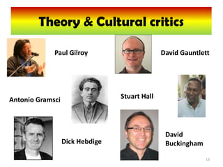 Theory & Culturalcritics
         Theory & Cultural critics

             Paul Gilroy                       David Gauntlett




Antonio Gramsci                  Stuart Hall




                                                David
                  Dick Hebdige                  Buckingham
                                                             13
 