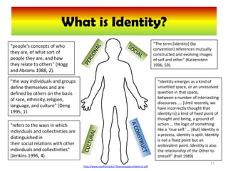 What is Identity?
                                                                                           “The term [identity] (by
“people's concepts of who
                                                                                           convention) references mutually
they are, of what sort of                                                                  constructed and evolving images
people they are, and how                                                                   of self and other" (Katzenstein
they relate to others" (Hogg                                                               1996, 59).
and Abrams 1988, 2).

“the way individuals and groups                                                              “Identity emerges as a kind of
define themselves and are                                                                    unsettled space, or an unresolved
defined by others on the basis                                                               question in that space,
of race, ethnicity, religion,                                                                between a number of intersecting
                                                                                             discourses. ... [Until recently, we
language, and culture" (Deng                                                                 have incorrectly thought that
1995, 1).                                                                                    identity is] a kind of fixed point of
                                                                                             thought and being, a ground of
“refers to the ways in which                                                                 action ... the logic of something
individuals and collectivities are                                                           like a `true self.' ... [But] Identity is
                                                                                             a process, identity is split. Identity
distinguished in
                                                                                             is not a fixed point but an
their social relations with other                                                            ambivalent point. Identity is also
individuals and collectivities"                                                              the relationship of the Other to
(Jenkins 1996, 4).                                                                           oneself" (Hall 1989)
                                                                                                                                17
                                     http://www.stanford.edu/~jfearon/papers/iden1v2.pdf
 