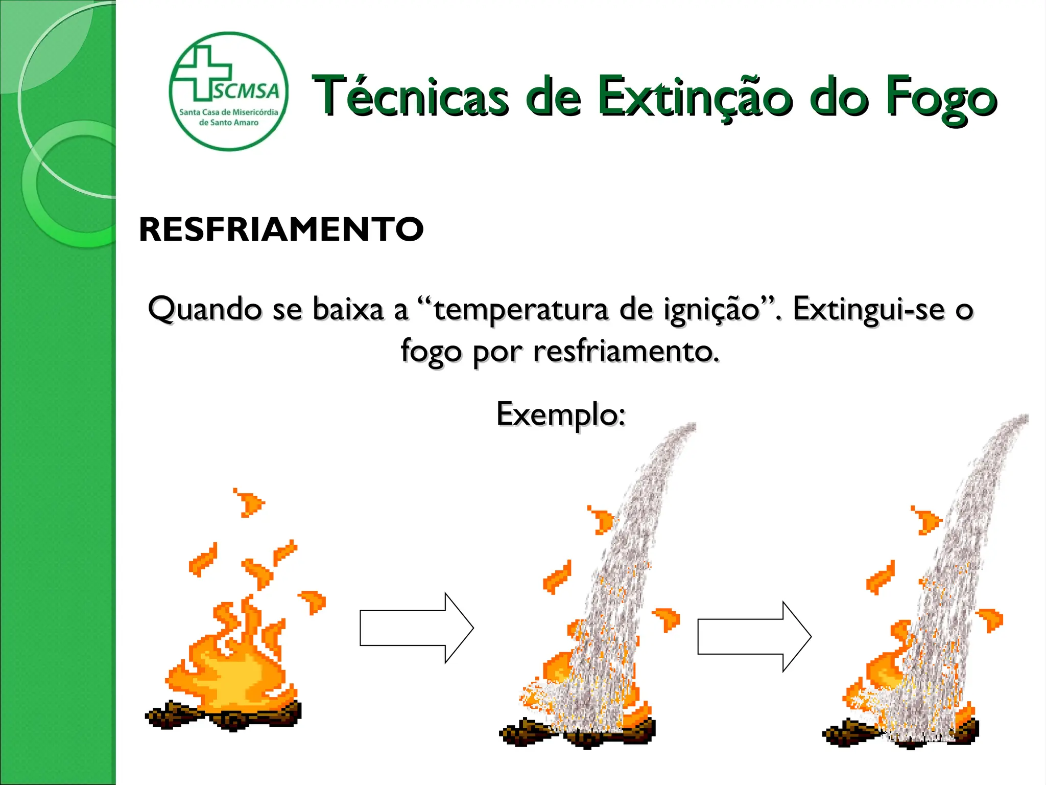 RESFRIAMENTO
Quando se baixa a “temperatura de ignição”. Extingui-se o
Quando se baixa a “temperatura de ignição”. Extingui-se o
fogo por resfriamento.
fogo por resfriamento.
Exemplo:
Exemplo:
Técnicas de Extinção do Fogo
Técnicas de Extinção do Fogo
 