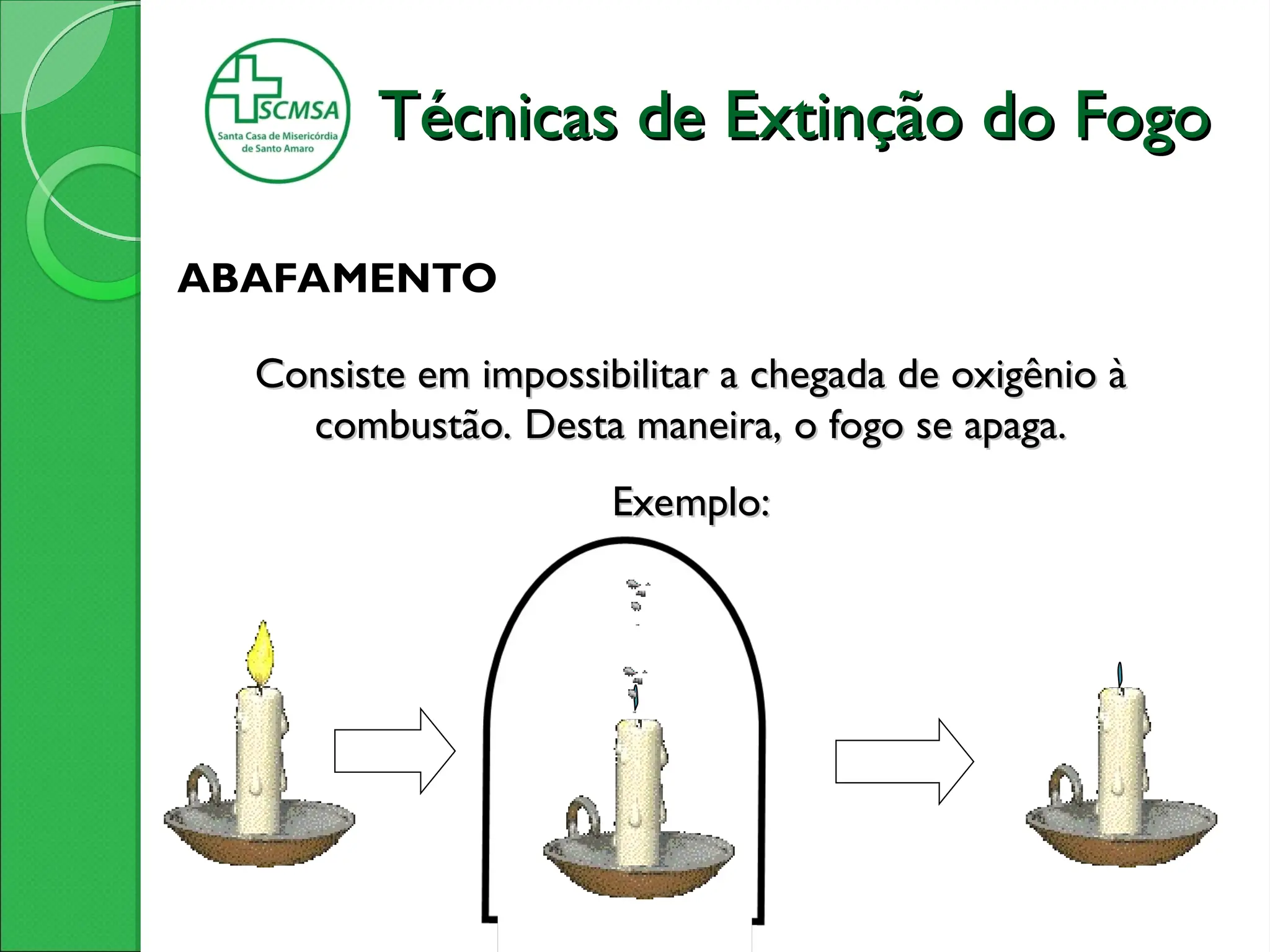 ABAFAMENTO
Consiste em impossibilitar a chegada de oxigênio à
Consiste em impossibilitar a chegada de oxigênio à
combustão. Desta maneira, o fogo se apaga.
combustão. Desta maneira, o fogo se apaga.
Exemplo:
Exemplo:
Técnicas de Extinção do Fogo
Técnicas de Extinção do Fogo
 