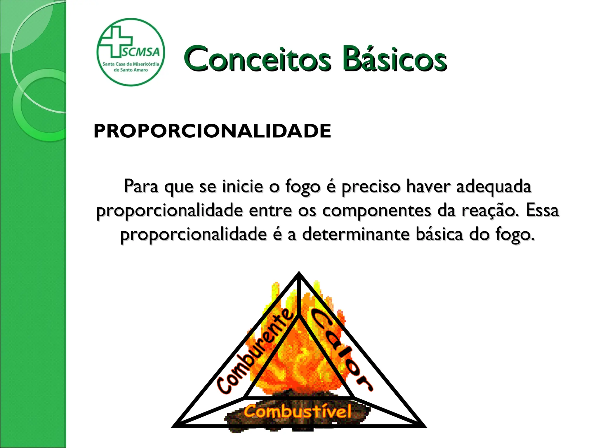 PROPORCIONALIDADE
Para que se inicie o fogo é preciso haver adequada
Para que se inicie o fogo é preciso haver adequada
proporcionalidade entre os componentes da reação. Essa
proporcionalidade entre os componentes da reação. Essa
proporcionalidade é a determinante básica do fogo.
proporcionalidade é a determinante básica do fogo.
Conceitos Básicos
Conceitos Básicos
 