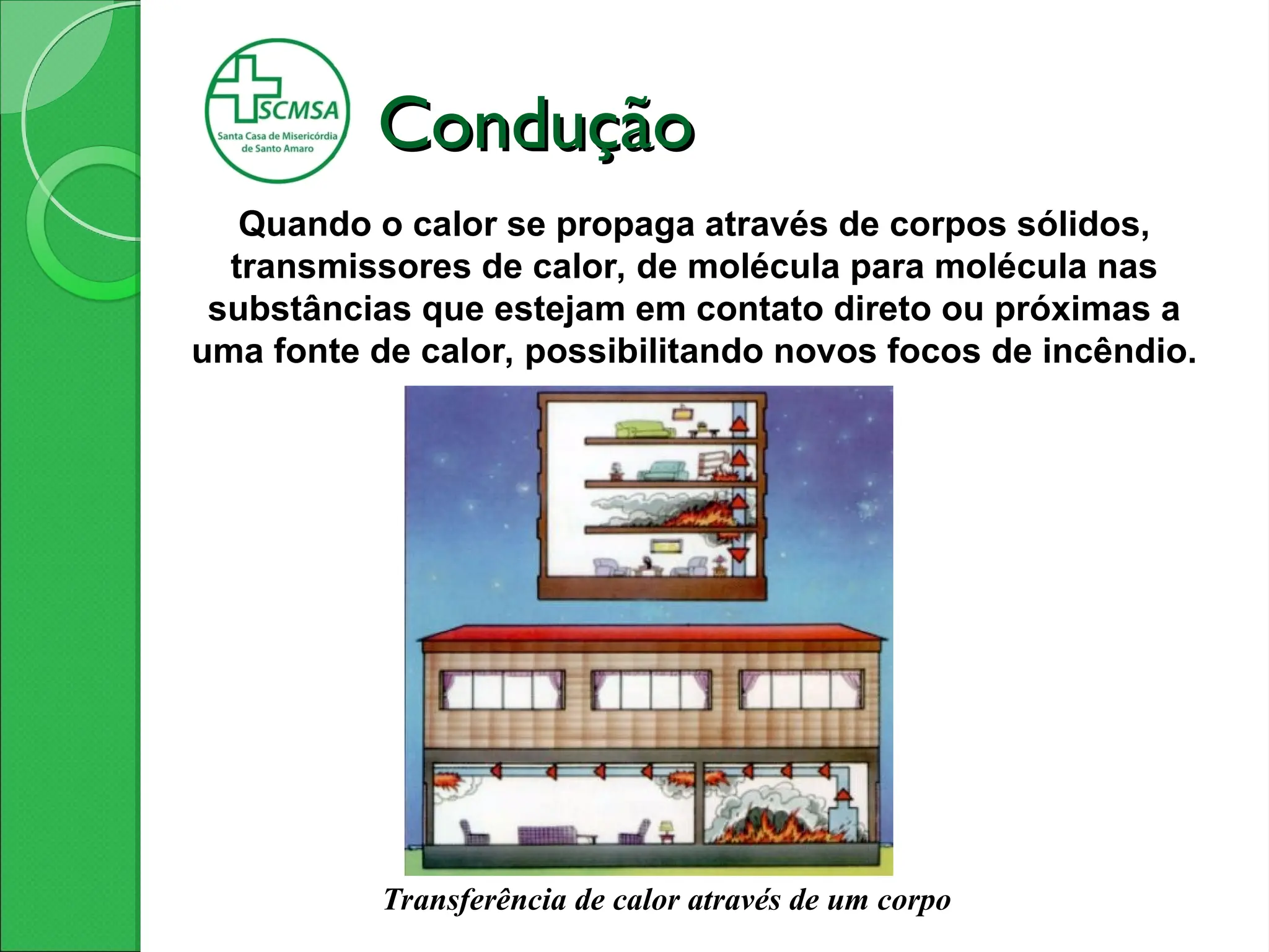 Condução
Condução
Quando o calor se propaga através de corpos sólidos,
transmissores de calor, de molécula para molécula nas
substâncias que estejam em contato direto ou próximas a
uma fonte de calor, possibilitando novos focos de incêndio.
Transferência de calor através de um corpo
 