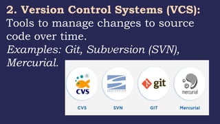 2. Version Control Systems (VCS):
Tools to manage changes to source
code over time.
Examples: Git, Subversion (SVN),
Mercurial.
 