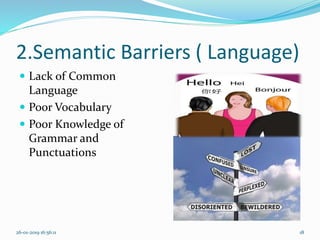 2.Semantic Barriers ( Language)
 Lack of Common
Language
 Poor Vocabulary
 Poor Knowledge of
Grammar and
Punctuations
26-01-2019 16:56:11 18
 