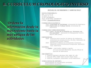 B. CURRÍCULUM CRONOLÓGICO INVERSO Ordena la información desde la más reciente hasta la más antigua de las actividades. 