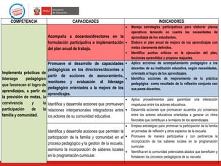 COMPETENCIA                          CAPACIDADES                                             INDICADORES
                                                                              Maneja estrategias participativas para elaborar planes
                                                                              operativos teniendo en cuenta las necesidades de
                           Acompaña a docentes/directores en la               aprendizaje de los estudiantes.
                           formulación participativa e implementación         Elabora el plan anual de mejora de los aprendizajes con
                           del plan anual de trabajo.                         metas claramente definidas.
                                                                              Identifica puntos críticos en la ejecución del plan,
                                                                              lecciones aprendidas y propone reajustes.
                           Promueve el desarrollo de capacidades              Aplica acciones de acompañamiento pedagógico a los
                           pedagógicas en los directores/docentes a           docentes de su institución educativa, según necesidades,
Implementa prácticas de                                                       orientado al logro de los aprendizajes.
                           partir de acciones de asesoramiento,
liderazgo     pedagógico                                                      Identifica acciones de mejoramiento de la práctica
                           monitoreo y evaluación al liderazgo                pedagógica como resultado de la reflexión conjunta con
que favorecen el logro de
                           pedagógico orientados a la mejora de los           sus pares docentes.
aprendizajes, a partir de
                           aprendizajes.
la previsión de metas, la
                                                                              Aplica procedimientos para garantizar una interacción
convivencia      y      la Identifica y desarrolla acciones que promueven     respetuosa entre los actores educativos.
participación    de     la relaciones interpersonales integradoras entre      Desarrolla acciones que promuevan acuerdos y/o consensos
familia y comunidad.       los actores de su comunidad educativa.             entre los actores educativos orientadas a generar un clima
                                                                              favorable que contribuya a la mejora de los aprendizajes.
                                                                              Emplea estrategias para promover la participación de la familia
                           Identifica y desarrolla acciones que permiten la   en jornadas de reflexión y otros espacios de la escuela.
                           participación de la familia y comunidad en el      Promueve de manera participativa y con pertinencia la
                                                                              incorporación de los saberes locales en la programación
                           proceso pedagógico y la gestión de la escuela,
                                                                              curricular.
                           asimismo la incorporación de saberes locales       Identifica en la comunidad potenciales aliados que beneficien y
                           en la programación curricular.                     fortalecen los procesos pedagógicos de su escuela.
 