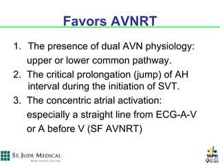 Favors AVNRT
1. The presence of dual AVN physiology:
   upper or lower common pathway.
2. The critical prolongation (jump) of AH
   interval during the initiation of SVT.
3. The concentric atrial activation:
   especially a straight line from ECG-A-V
   or A before V (SF AVNRT)
 