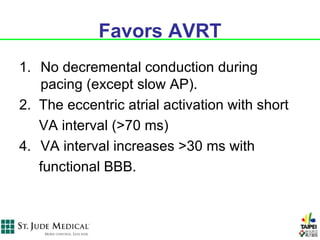 Favors AVRT
1. No decremental conduction during
   pacing (except slow AP).
2. The eccentric atrial activation with short
   VA interval (>70 ms)
4. VA interval increases >30 ms with
   functional BBB.
 