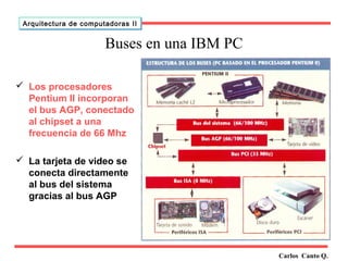 Carlos Canto Q. 
Arquitectura ddee ccoommppuuttaaddoorraass IIII 
Buses en una IBM PC 
 Los procesadores 
Pentium II incorporan 
el bus AGP, conectado 
al chipset a una 
frecuencia de 66 Mhz 
 La tarjeta de video se 
conecta directamente 
al bus del sistema 
gracias al bus AGP 
 