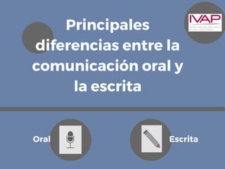 Principales
diferencias entre la
comunicación oral y
la escrita
Oral Escrita
 