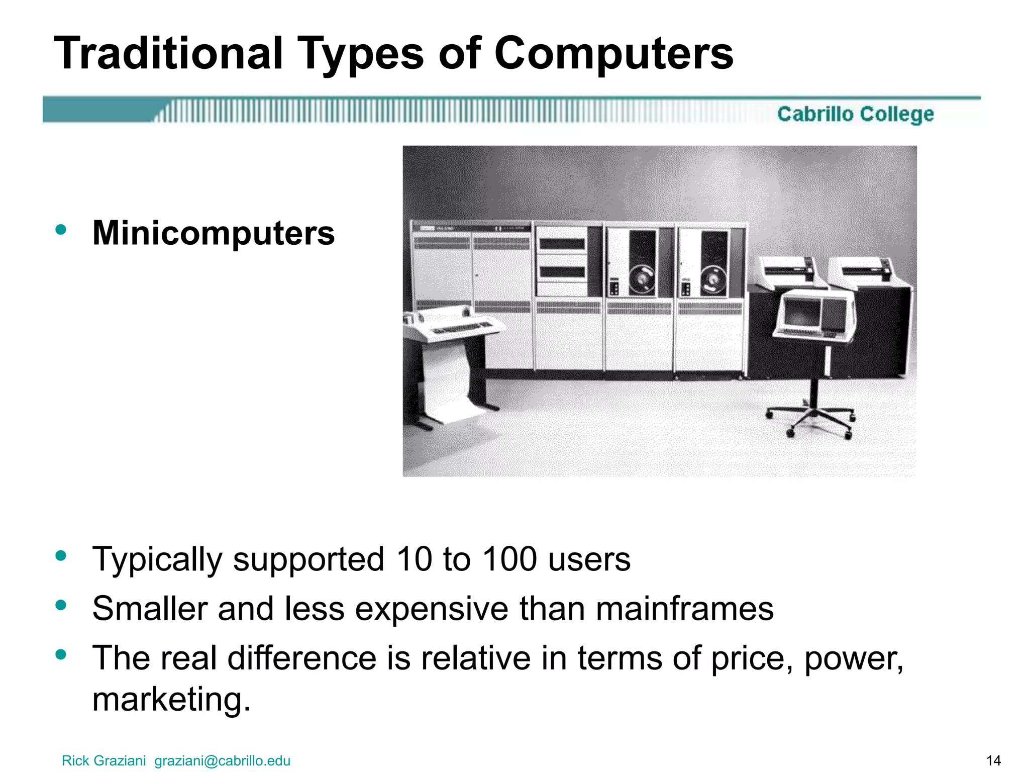 Rick Graziani graziani@cabrillo.edu 14
Traditional Types of Computers
• Typically supported 10 to 100 users
• Smaller and less expensive than mainframes
• The real difference is relative in terms of price, power,
marketing.
• Minicomputers
 