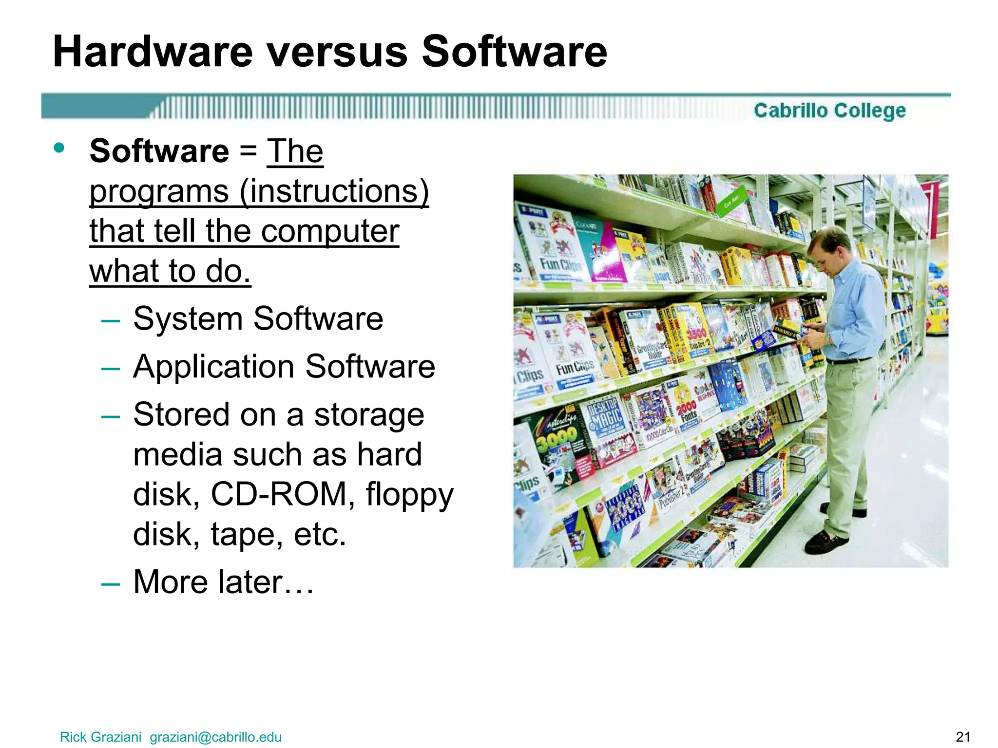 Rick Graziani graziani@cabrillo.edu 21
Hardware versus Software
• Software = The
programs (instructions)
that tell the computer
what to do.
– System Software
– Application Software
– Stored on a storage
media such as hard
disk, CD-ROM, floppy
disk, tape, etc.
– More later…
 