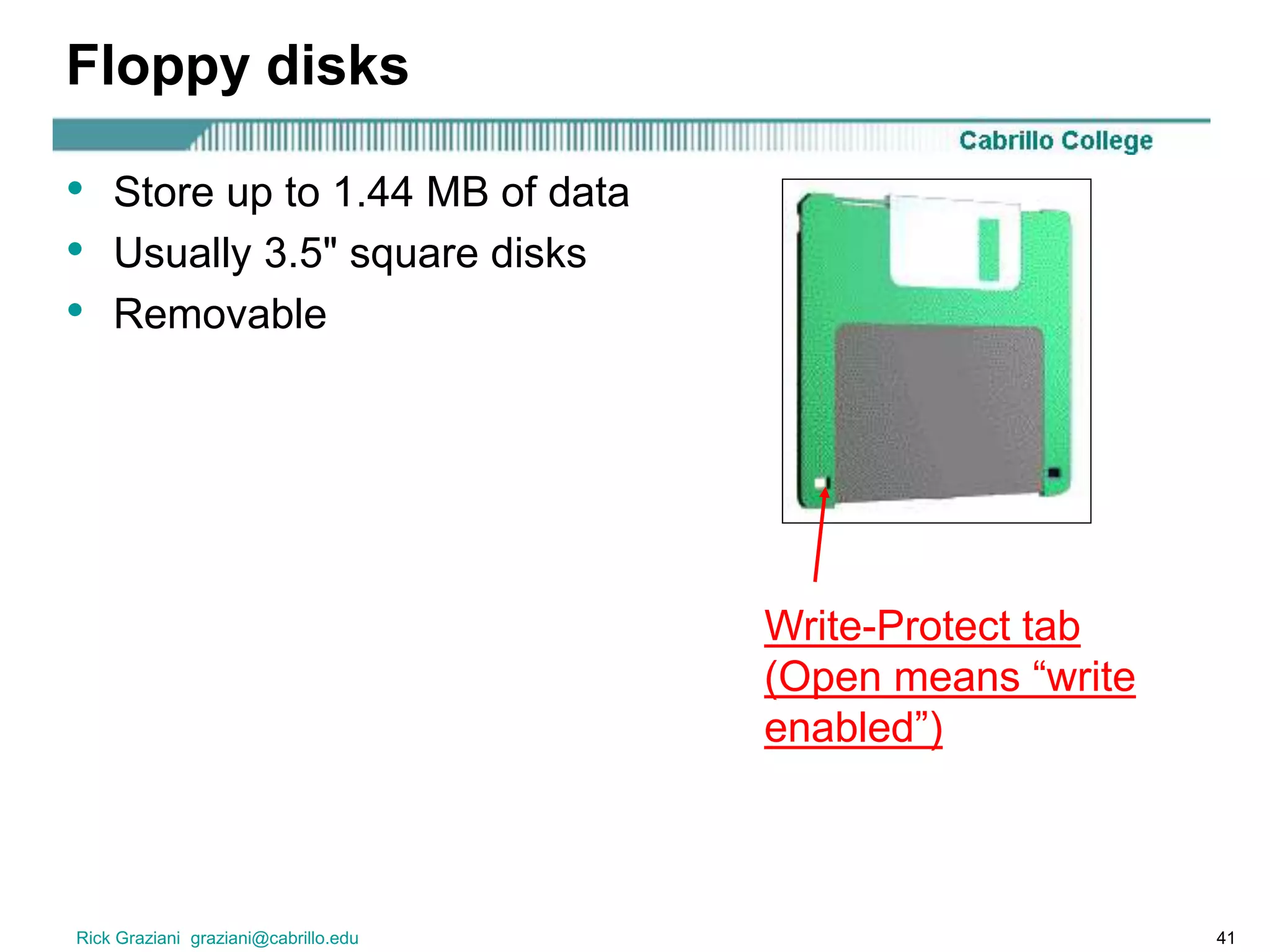Rick Graziani graziani@cabrillo.edu 41
Floppy disks
• Store up to 1.44 MB of data
• Usually 3.5" square disks
• Removable
Write-Protect tab
(Open means “write
enabled”)
 