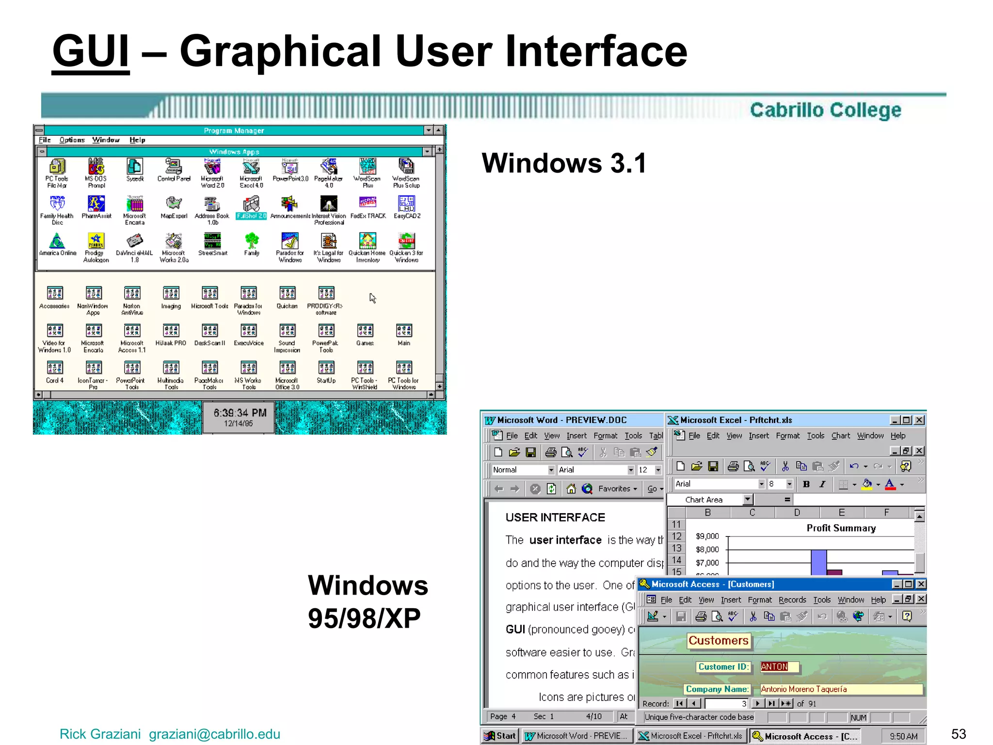 Rick Graziani graziani@cabrillo.edu 53
GUI – Graphical User Interface
Windows 3.1
Windows
95/98/XP
 
