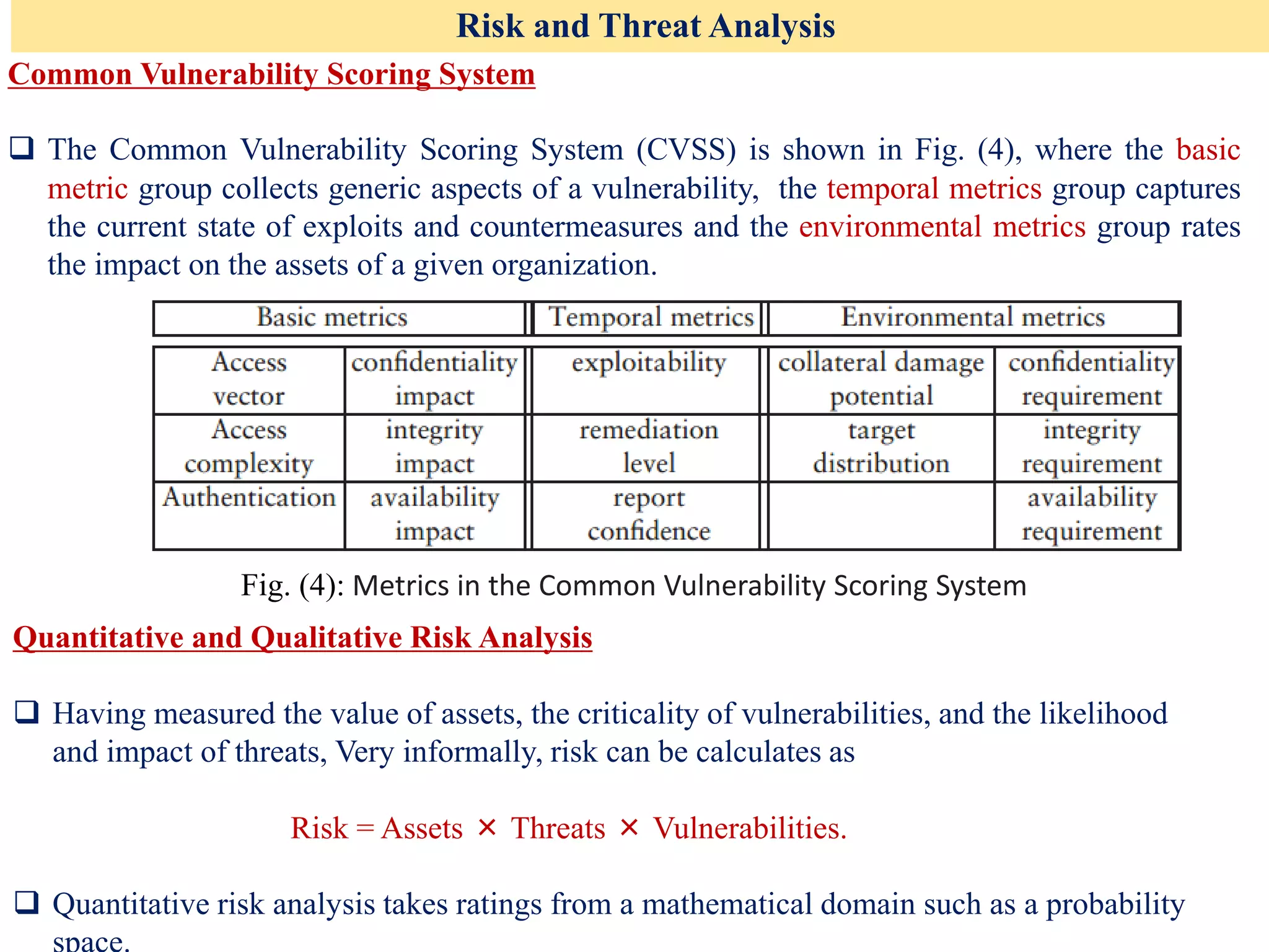 Risk and Threat Analysis
Common Vulnerability Scoring System
❑ The Common Vulnerability Scoring System (CVSS) is shown in Fig. (4), where the basic
metric group collects generic aspects of a vulnerability, the temporal metrics group captures
the current state of exploits and countermeasures and the environmental metrics group rates
the impact on the assets of a given organization.
Fig. (4): Metrics in the Common Vulnerability Scoring System
Quantitative and Qualitative Risk Analysis
❑ Having measured the value of assets, the criticality of vulnerabilities, and the likelihood
and impact of threats, Very informally, risk can be calculates as
Risk = Assets × Threats × Vulnerabilities.
❑ Quantitative risk analysis takes ratings from a mathematical domain such as a probability
 