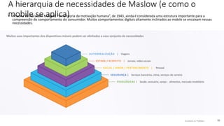 © comScore, Inc. Proprietary. 30
A hierarquia de necessidades de Maslow (e como o
mobile se aplica)• A teoria de Abraham Maslow, “Uma teoria da motivação humana”, de 1943, ainda é considerada uma estrutura importante para a
compreensão do comportamento do consumidor. Muitos comportamentos digitais altamente inclinados ao mobile se encaixam nessas
necessidades.
AUTORREALIZAÇÃO | Viagens
ESTIMA / RESPEITO | Jornais, redes sociais
SOCIAL / AMOR / PERTENCIMENTO | Pessoal
SEGURANÇA | Serviços bancários, clima, serviços de carreira
FISIOLÓGICAS | Saúde, vestuário, varejo - alimentos, mercado imobiliário
Muitos usos importantes dos dispositivos móveis podem ser alinhados a esse conjunto de necessidades
 