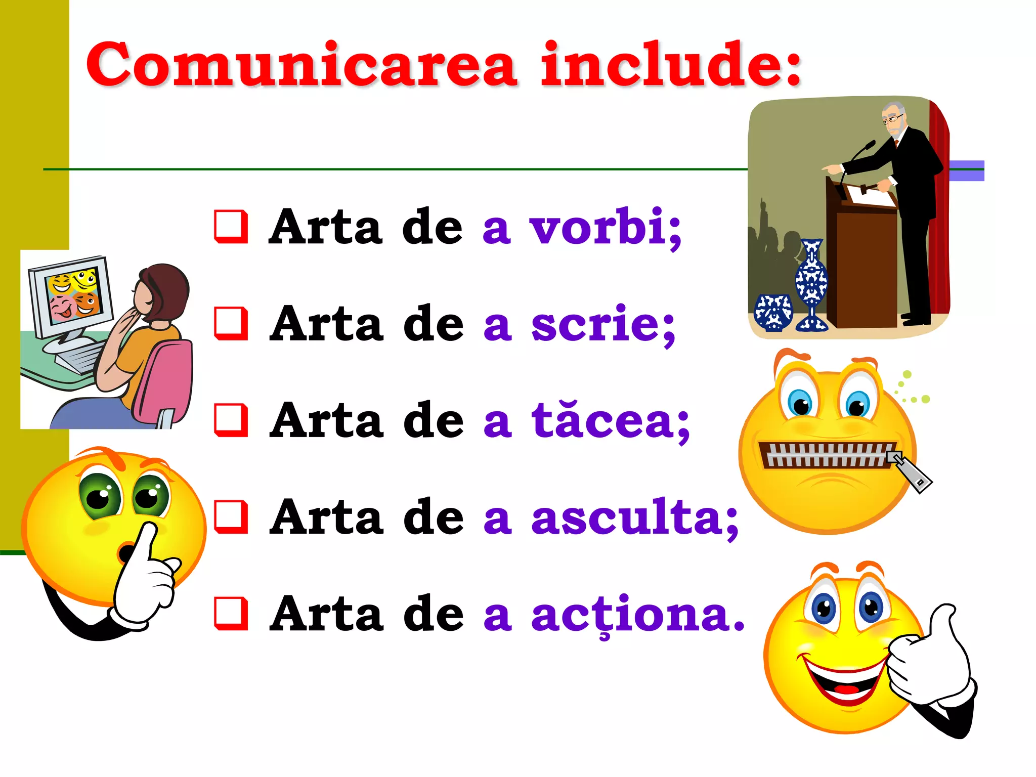 Comunicarea include:
 Arta de a vorbi;
 Arta de a scrie;
 Arta de a tăcea;
 Arta de a asculta;
 Arta de a acţiona.
 