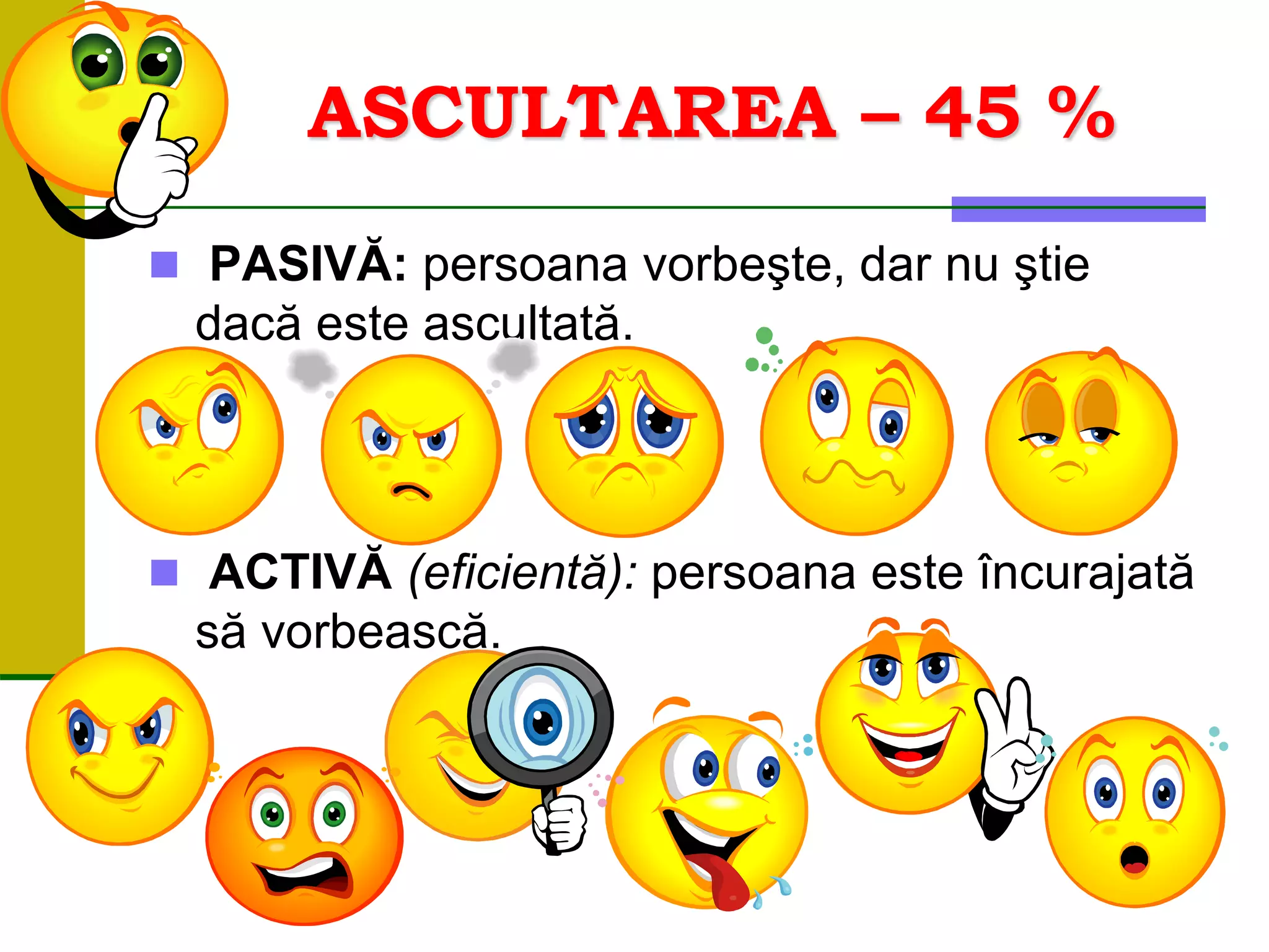 ASCULTAREA – 45 %
 PASIVĂ: persoana vorbeşte, dar nu ştie
dacă este ascultată.
 ACTIVĂ (eficientă): persoana este încurajată
să vorbească.
 