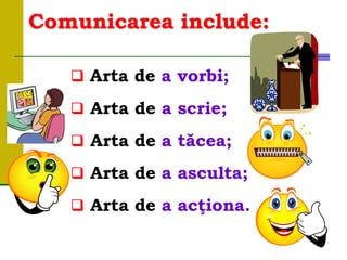 Comunicarea include:
 Arta de a vorbi;
 Arta de a scrie;
 Arta de a tăcea;
 Arta de a asculta;
 Arta de a acţiona.
 