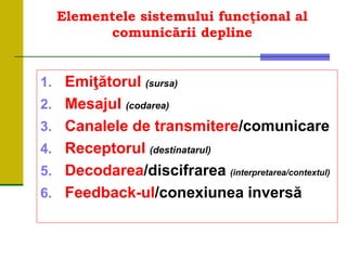 Elementele sistemului funcţional al
comunicării depline
1. Emiţătorul (sursa)
2. Mesajul (codarea)
3. Canalele de transmitere/comunicare
4. Receptorul (destinatarul)
5. Decodarea/discifrarea (interpretarea/contextul)
6. Feedback-ul/conexiunea inversă
 