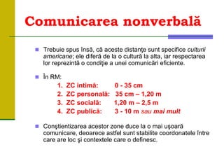 Comunicarea nonverbală
 Trebuie spus însă, că aceste distanţe sunt specifice culturii
americane; ele diferă de la o cultură la alta, iar respectarea
lor reprezintă o condiţie a unei comunicări eficiente.
 În RM:
1. ZC intimă: 0 - 35 cm
2. ZC personală: 35 cm – 1,20 m
3. ZC socială: 1,20 m – 2,5 m
4. ZC publică: 3 - 10 m sau mai mult
 Conştientizarea acestor zone duce la o mai uşoară
comunicare, deoarece astfel sunt stabilite coordonatele între
care are loc şi contextele care o definesc.
 