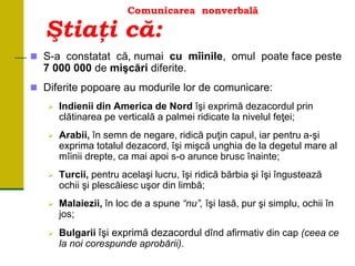 Comunicarea nonverbală
 S-a constatat că, numai cu mîinile, omul poate face peste
7 000 000 de mişcări diferite.
 Diferite popoare au modurile lor de comunicare:
 Indienii din America de Nord îşi exprimă dezacordul prin
clătinarea pe verticală a palmei ridicate la nivelul feţei;
 Arabii, în semn de negare, ridică puţin capul, iar pentru a-şi
exprima totalul dezacord, îşi mişcă unghia de la degetul mare al
mîinii drepte, ca mai apoi s-o arunce brusc înainte;
 Turcii, pentru acelaşi lucru, îşi ridică bărbia şi îşi îngustează
ochii şi plescăiesc uşor din limbă;
 Malaiezii, în loc de a spune “nu”, îşi lasă, pur şi simplu, ochii în
jos;
 Bulgarii îşi exprimă dezacordul dînd afirmativ din cap (ceea ce
la noi corespunde aprobării).
Ştiaţi că:
 